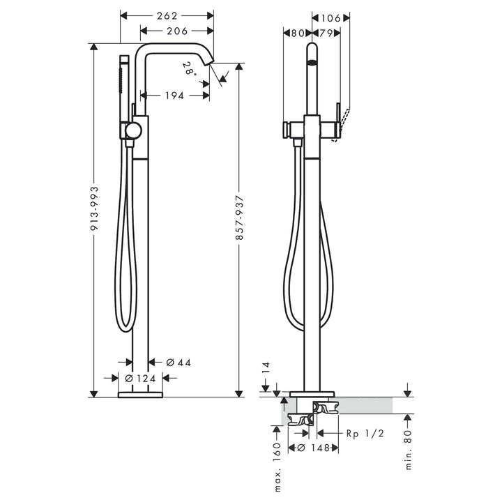 Hansgrohe Tecturis S Yerden Küvet Bataryası — Teknik çizim