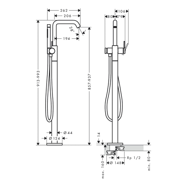 Hansgrohe Tecturis S Yerden Küvet Bataryası Satin Siyah