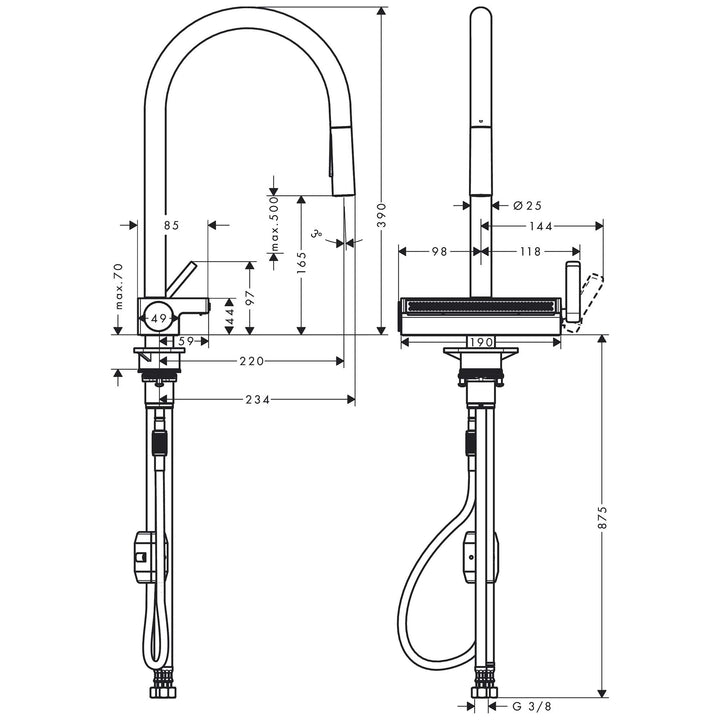 Hansgrohe Aquno Select M81 Eviye Bataryası 170 Spiralli 3jet — Teknik çizim