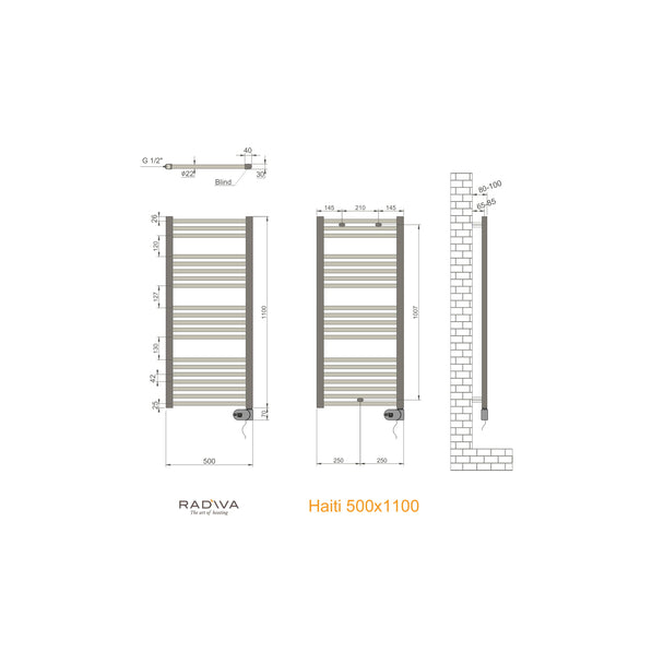 Radiva Haiti Elektrikli Havlupan 500 x 1100 Düz Beyaz (Thesis Termostatlı) 600 W ölçü planı