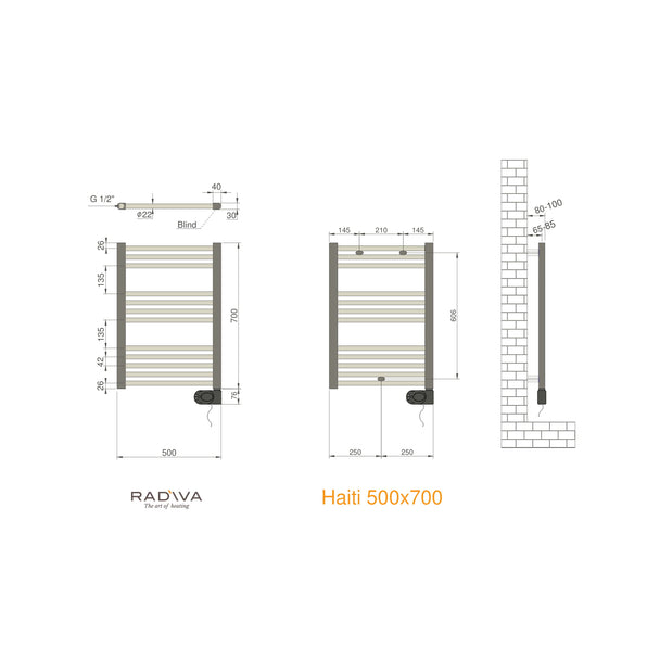 Radiva Haiti Elektrikli Havlupan 500 x 700 Düz Krom (Musa Termostatlı) 200 W ölçü planı