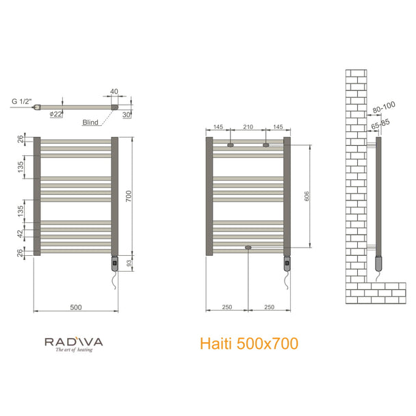 Radiva Haiti Elektrikli Havlupan (On/Off Düğmeli) ölçü planı
