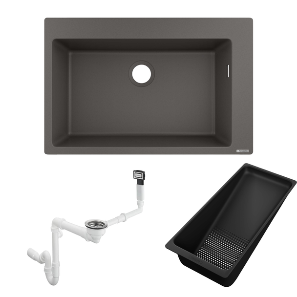 Hansgrohe S51 S510-F660 Ankastre Granit Eviye Taş Grisi + Sifon Takımı + Eviye Süzgeci
