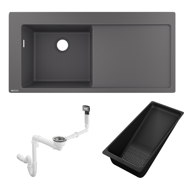 Hansgrohe S514-F450 Ankastre Granit Eviye Sağ Damlalık Taş Grisi + Sifon Takımı + Süzgeç
