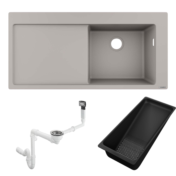 Hansgrohe S514-F450 Ankastre Granit Eviye Sol Damlalık Beton Grisi + Sifon Takımı + Süzgeç