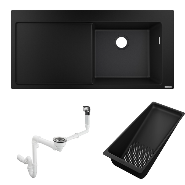 Hansgrohe S514-F450 Ankastre Granit Eviye Sol Damlalık Grafit Siyahı + Sifon Takımı + Süzgeç
