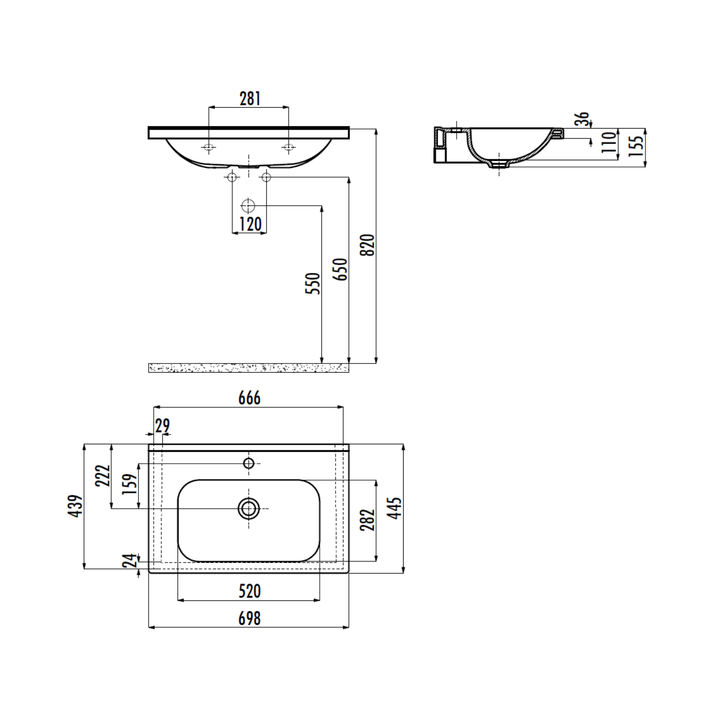 Creavit İdeal 45 x 70 cm Lavabo — Teknik çizim