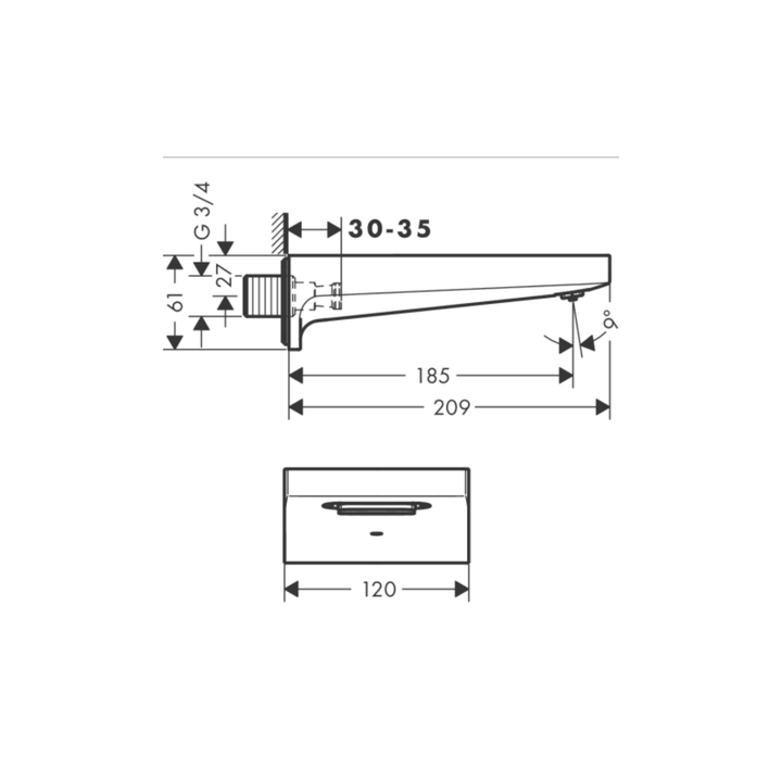 Hansgrohe Metropol Banyo Gagası 185 mm Bronz — Teknik çizim