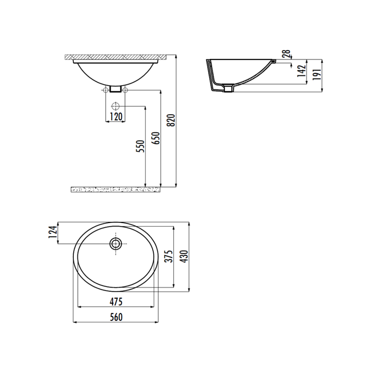 Creavit 37 x 47 cm Tezgah Altı Lavabo — Teknik çizim