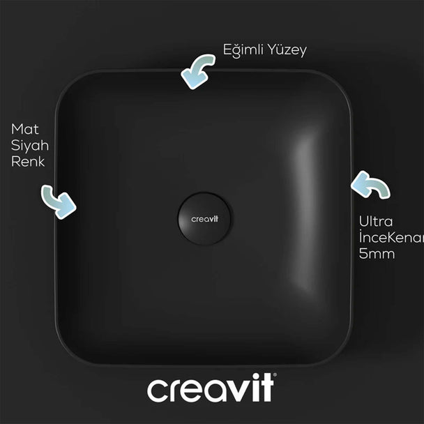 Creavit Ultra Mat Siyah 40 cm Çanak Lavabo Kare