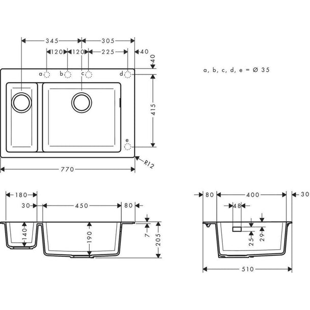 Hansgrohe S510-F635 Ankastre Granit Eviye 180/450 Grafit Siyahı