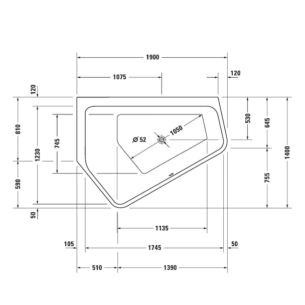 Duravit Paiova 5 Masajlı Jakuzi Alpin Beyaz 190x14 teknik resim