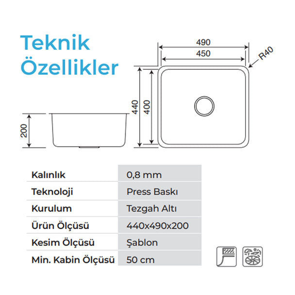 Crauf Lavello 49 x 44 Cm Tezgah Altı Eviye