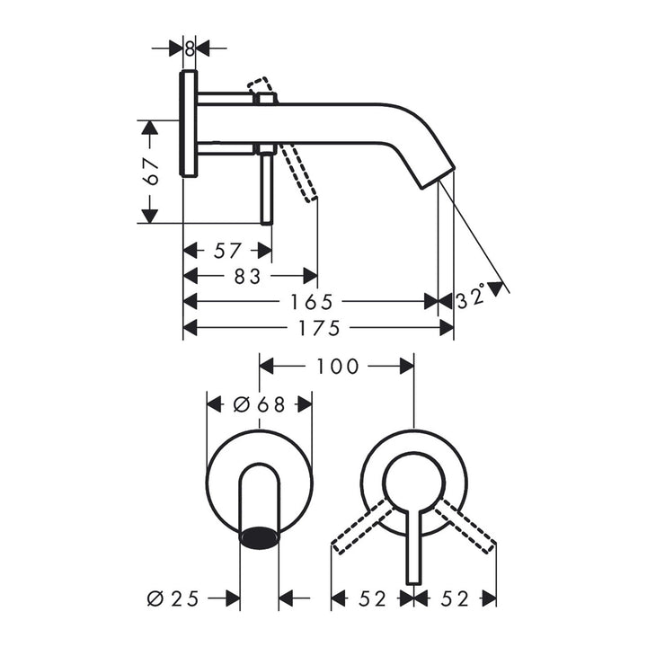 Hansgrohe Tecturis S Ankastre Lavabo Bataryası 165 Mat Bronz — Teknik çizim