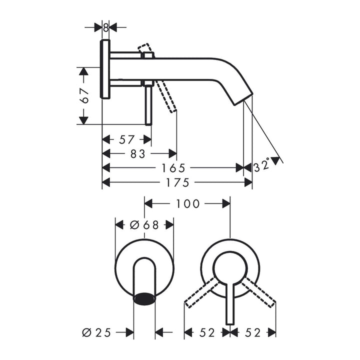 Hansgrohe Tecturis S Ankastre Lavabo Bataryası 165 — Teknik çizim
