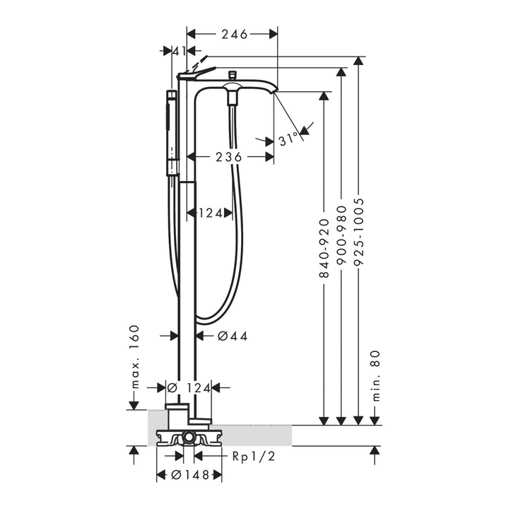 Hansgrohe Vivenis Yerden Küvet Bataryası — Teknik çizim