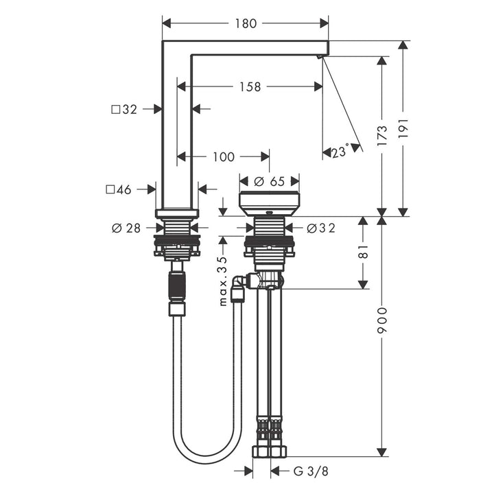 Hansgrohe Tecturis E 2 Delikli Lavabo Bataryası 150 CoolStart — Teknik çizim