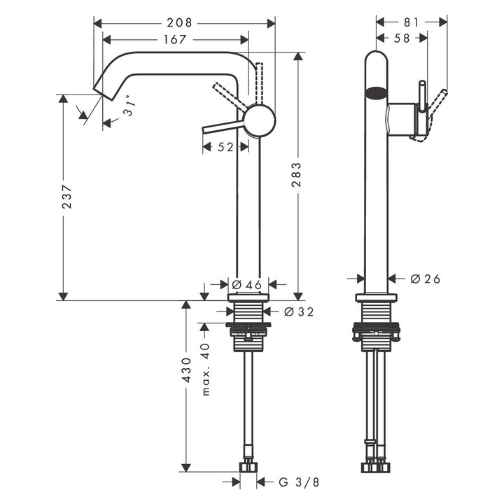 Hansgrohe Tecturis S Lavabo Bataryası 240 — Teknik çizim