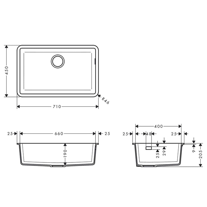 Hansgrohe S510-U660 Tezgah Altı Granit Eviye 660 — Teknik çizim