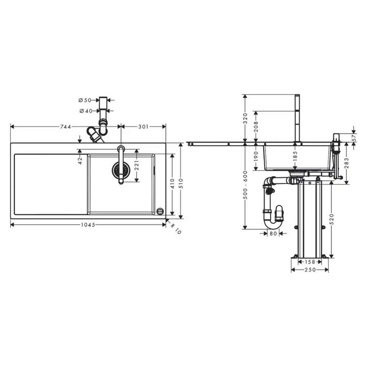 Hansgrohe C71-F450-07 Krom Eviye Kombinasyonu 450 Select Sol Damlalıklı — Teknik çizim