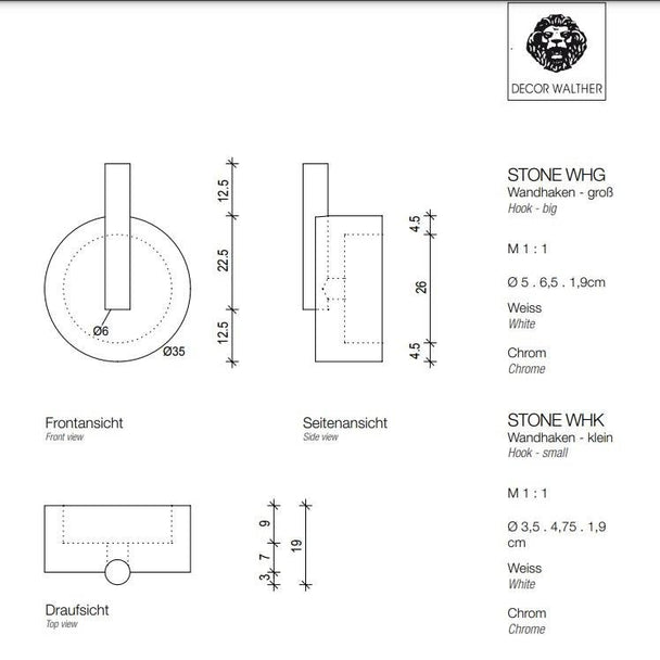 Decor Walther Stone Askı 3,5 cm Beyaz/Krom