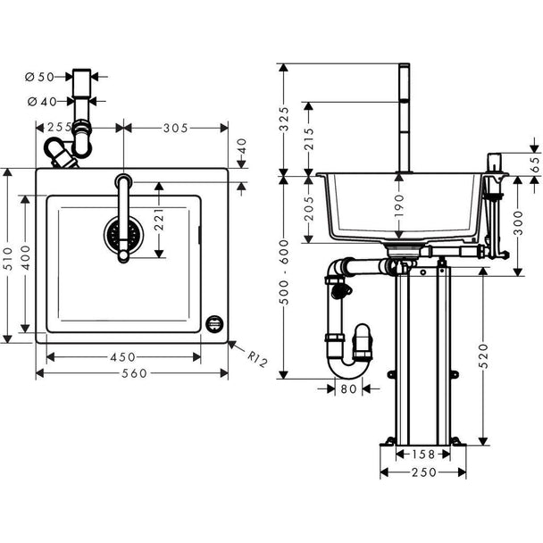 Hansgrohe C51-F450-06 Granit Eviye Kombinasyonu 450 Select Grafit Siyahı