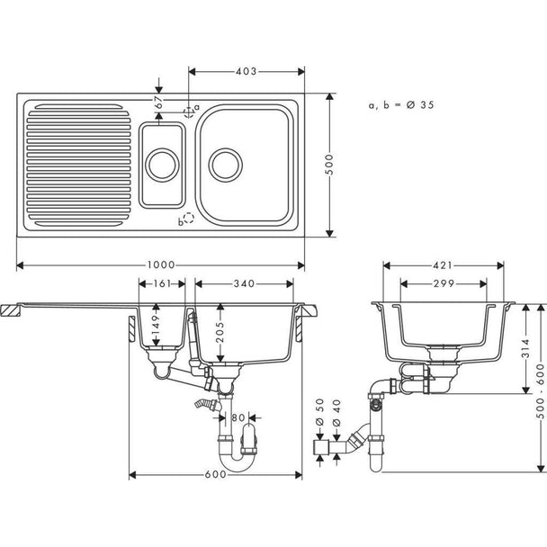 Hansgrohe S520-F525 Ankastre Granit Eviye 980/480 otomatik gider seti ile Grafit Siyahı